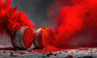 Vivid red powder explosions from two metal containers