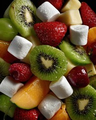 A close up view of a fresh fruit salad with marshmallows
