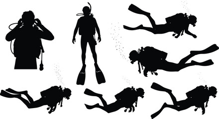 Scuba diver silhouette set, underwater swimming with oxygen tank and flippers, cad drawing flat vector illustration, isolated black icons © Sahidul