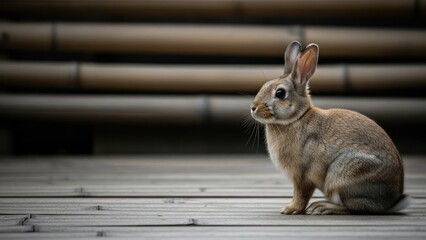 Obraz premium Rabbit sitting on wooden surface with blurred background