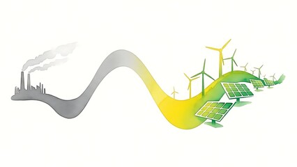 Sustainable Industry Scene with Green Wind Turbines and Gray Factory