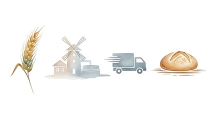 Bread Production Concept with Wheat Windmill and Delivery Truck