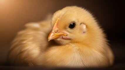 Close up shot of a yellow chick resting against black background