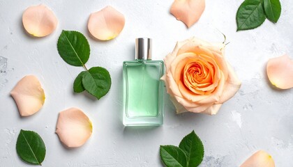 A perfume bottle beside a rose, petals and leaves on a speckled surface