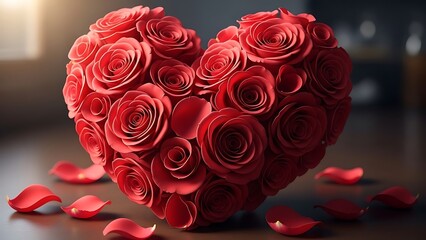 Romantic heart shaped bouquet of red roses with petals