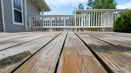Fototapeta premium Weathered wooden deck featuring cracks and moss accumulation. Natural imperfections add rustic charm to the outdoor space with blurred white railings and trees in background.