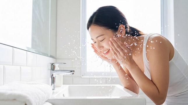 Beautiful young Asian woman splashing water on her face in a bright bathroom. Happy female cleansing skin during morning routine. Fresh skincare and beauty concept with flying water droplets.