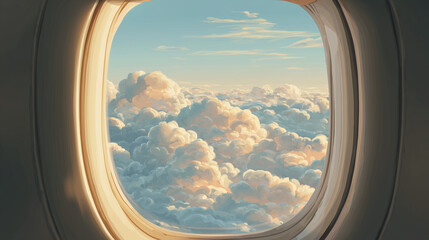 Serene airplane window view of fluffy white clouds