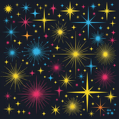 Abstract colorful retro starbursts and sparkles background, festive celebratory pattern with vintage mid-century modern design elements for party invitations or decorations