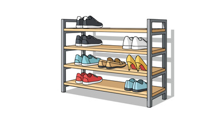 Stylized illustration of a modern multi-level shoe rack filled with various footwear items neat arrangement on wooden shelves depicting home