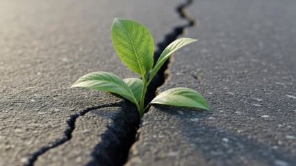 Green plant growing through cracked asphalt surface