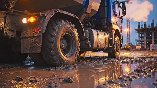 Heavy truck on muddy construction site with crane and building structure