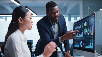 Diverse team of analysts working in a modern office. Black male manager explaining financial charts on a computer screen to an asian female colleague. Business intelligence concept - Powered by Adobe
