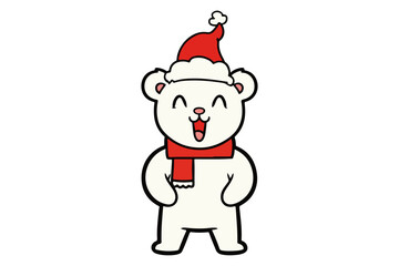 Happy cartoon polar bear wearing a Santa hat and scarf, isolated on white background, celebrating winter holidays and Christmas spirit