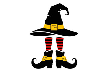 Whimsical witch costume elements featuring a pointed hat, vertically striped socks, and buckled boots, designed for fantasy and magic-themed illustrations and seasonal graphic projects