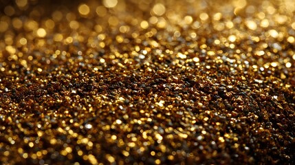 Dense golden glitter with sparkling highlights and bokeh effect in macro view perfect for holiday ads, luxury-themed web headers