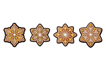 Four festive gingerbread cookies, intricately decorated with delicate white icing snowflakes and stars, perfect for winter holiday celebrations and sweet seasonal charm