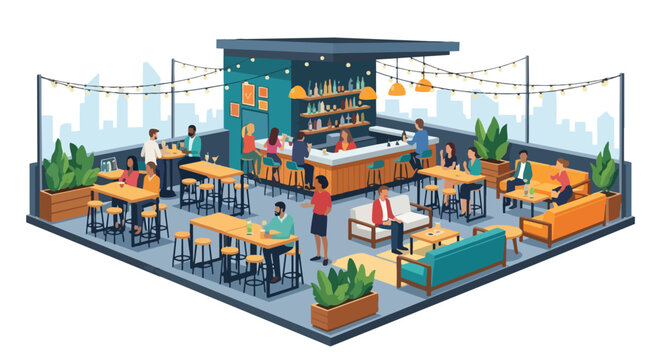 A dynamic vector illustration of a modern rooftop bar and lounge, bustling with diverse groups of people enjoying social gatherings, drinks, and
