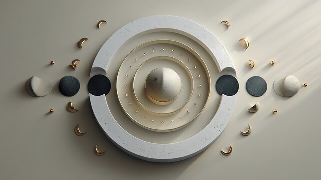 A modern abstract sculpture with concentric circles and metallic accents on a gray background - Powered by Adobe