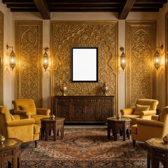 Blank vertical Frame poster mockup , empty canvas template on wall, modern interior, living room interior decor, 3D render	
