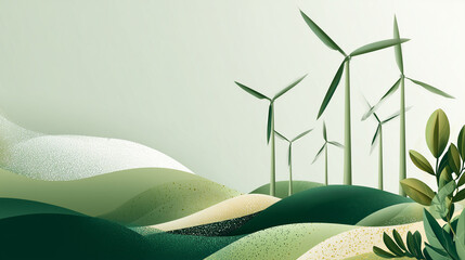 Sustainable wind turbines on green hills with natural landscape