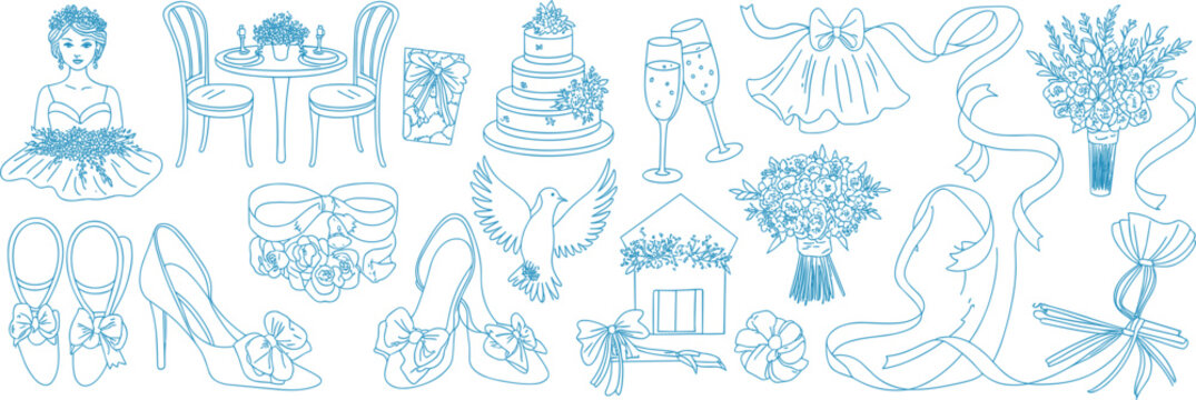 Hand drawn light blue wedding vector set with bride, bridal shoes, tiered cake, flower bouquets and romantic celebration icons