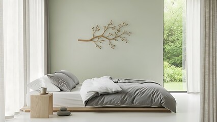 Serene Bedroom Interior with Green Walls and Natural Light
