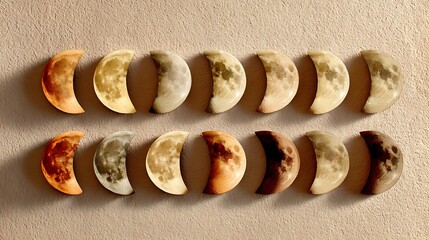 A collection of moon phases made of stone on a textured surface