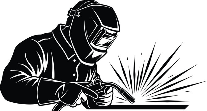 Black and white silhouette of a professional welder working, wearing a mask and protective gear, symbolizing industry, fabrication, skilled labor, and metalwork.