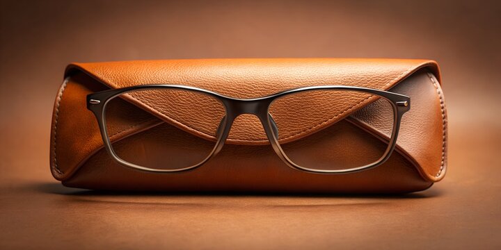 A pair of modern eyeglasses with dark frames rests on a luxurious brown leather glasses case with stitched detailing