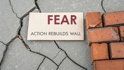A sign with the word FEAR and text next to damaged bricks