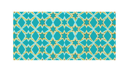 Seamless vector pattern of Islamic geometric stars and octagons, turquoise and gold color palette, repeatable background.