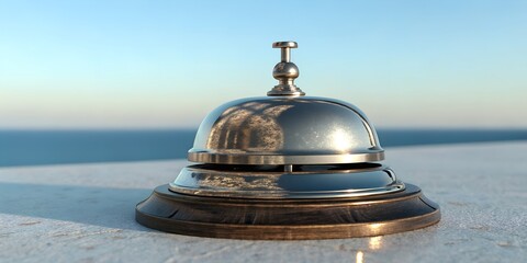 Shiny metallic service bell resting on wooden base with ocean horizon in bright daylight