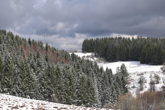 Dramatic winter clouds over a dense evergreen forest on a snovy mountain Serbia.