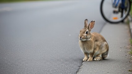 Rabbit sitting beside a road next to a bicycle wheel