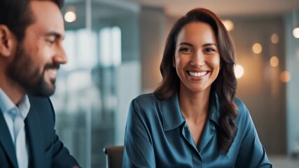 Confident hispanic businesswoman and male colleague signing a contract during a meeting. Successful business partners finalizing a corporate deal in a modern office
