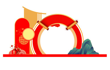 Obraz premium A stunning Chinese New Year background featuring a bold red archway and majestic mountain landscape, evoking feelings of joy and prosperity.