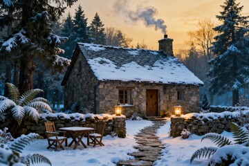 Caba&ntilde;a de invierno con luz c&aacute;lida en ventana y cielo dorado, nieve profunda y bosque tranquilo al fondo