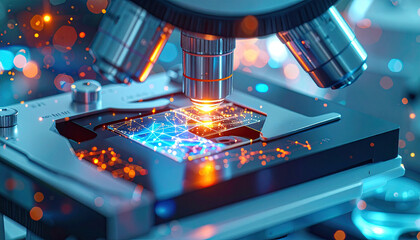 Microscope examining glowing digital network on a slide with bokeh lights science technology