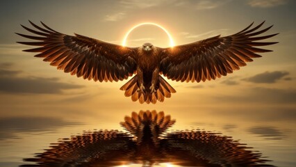 Soaring eagle silhouette over reflective water at sunset