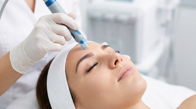 Professional Hydrafacial skin treatment for a young woman in a medical spa. Cosmetologist performing vacuum hydro peeling procedure for deep cleansing and facial rejuvenation.
