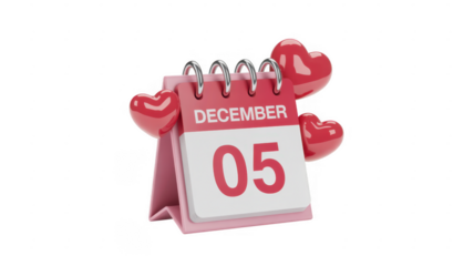 Pink calendar with hearts on December 5th 3D rendering isolated on a transparent background
