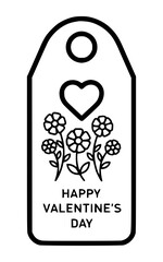 Black and white Valentine's Day tag with a heart and flowers on a white background, featuring a simple line drawing style.