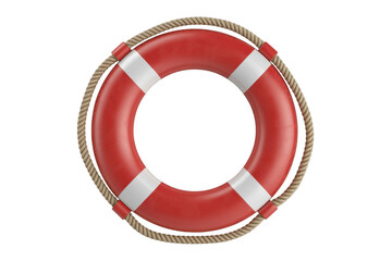 Red lifebuoy with white stripes and rope life ring isolated on a transparent background