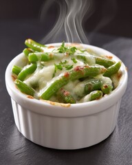 Close up of individual green bean casserole in a white bowl