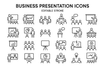 Business Presentation Line Icons Set &ndash; Editable Stroke Meeting, Teamwork & Office Vector Symbols