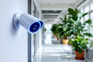 White Smart Security Camera with Blue Light Protecting Modern Office Hallway and Business Premises