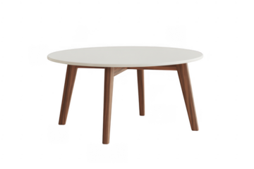 Round white table with wooden legs furniture isolated on a transparent background