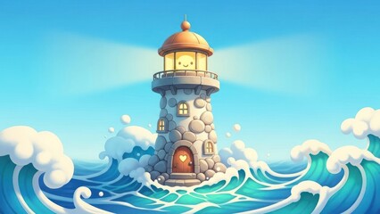 Animated cartoon image a cheerful lighthouse amidst rolling ocean waves and a blue sky