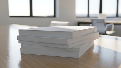 Stack of white books on wooden office table with modern chairs